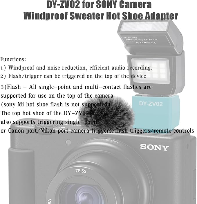 DY-ZV02 Camera Mi Multi-Functional Interface hot Shoe Flash Adapter Accessory with a Microphone and Wind Noise Reduction functionn ZV-1 ZV-1 II ZV-E10,AV-E10M2 ZV-E1 for Sony Cameras (DY-ZV02 1PCS)
