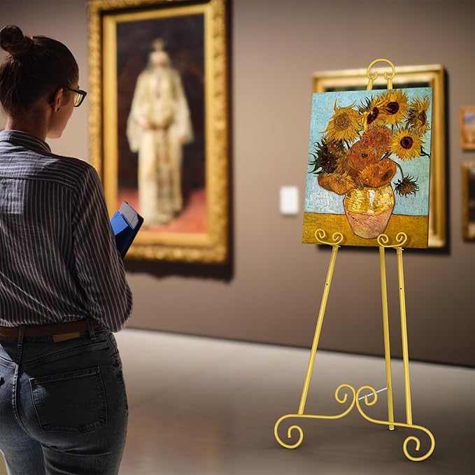 Display Easel, Metal Round Tube Scroll Vintage Gold Decorative Adjustable Floor Standing Easel with Chain Support, Perfect for Showcasing Pictures, Artwork, Picture Frame Wedding Sign Etc