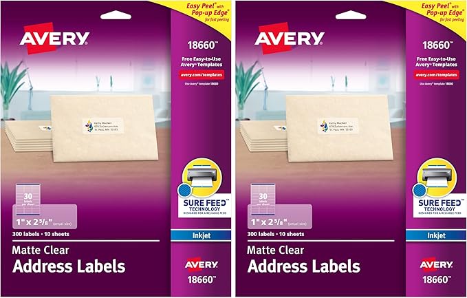 Avery Printable Address Labels with Sure Feed, 1" x 2-5/8", Matte Clear, 300 Blank Mailing Labels (18660) (Pack of 2)