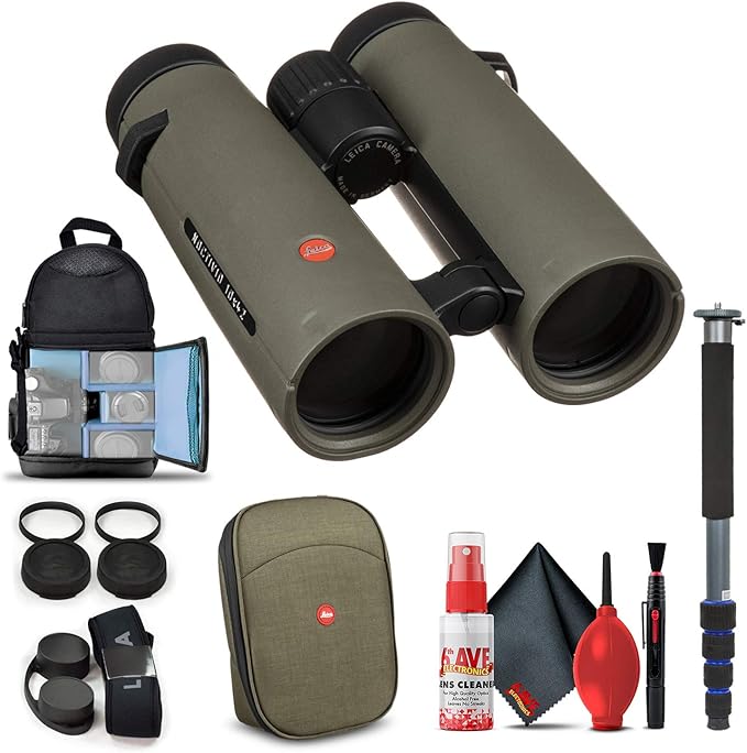Leica 10x42 Noctivid Binoculars (Olive Green) (40387) + Backpack + Full Size Monopod + Cleaning Set + 2 x Cap Keeper + Neck Strap