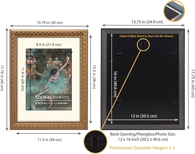 12x16 Antique Gold Wood Ornate Vintage Classic Picture Frame, With Mat for 9x12 Poster or Wall Art, Plex Glass Cover, Wall Hanging Horiztonal or Vertical Display, 2 Pack