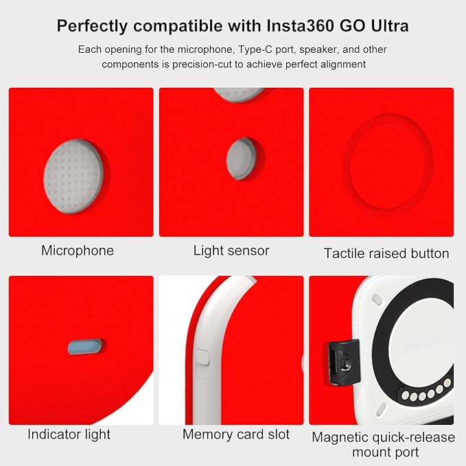 UicPuzo Full Body Silicone Case with Lens Cap & Lanyard for Insta360 GO Ultra, Anti-Scratch Protective Skin Cover,Non-Slip Grip & Shockproof Design (Red)