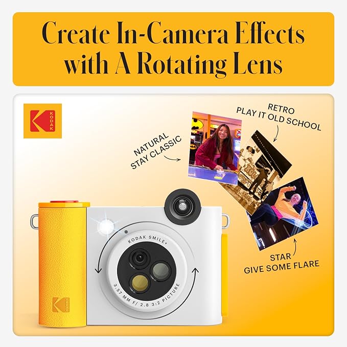 Kodak Smile+ 2-in-1 Digital Instant Print Camera & Wireless Bluetooth Photo Printer - 10MP, Special-Effect Rotating Lens, Zink 2x3” Sticky-Back Photos, Print via Fun App from Smart Devices - White