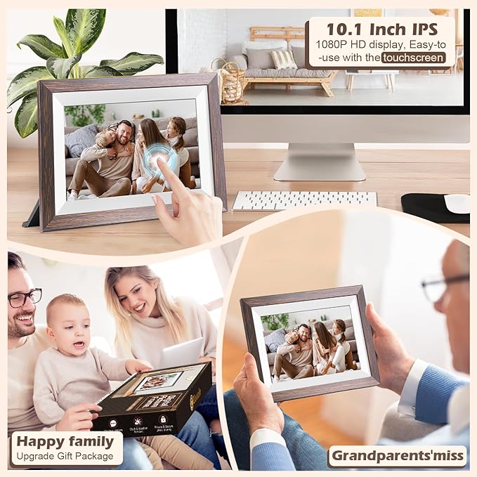 Frameo Digital Picture Frame WiFi 10.1inches Digital Photo Frame, Electronic Photo Frame Load from Phone, 1280x800 IPS Touch Screen HD Display, Auto-Rotate, Share Photos/Video-Great Gift(Brown Wood)