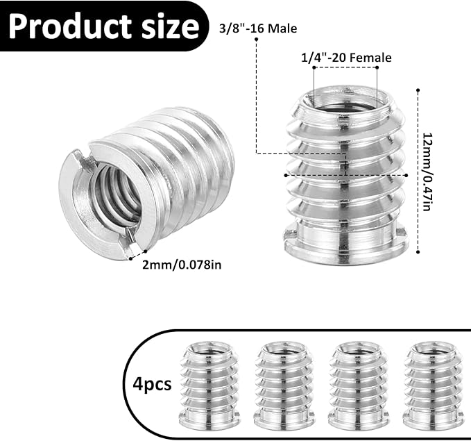 4 PCS 1/4 to 3/8 Adapter, 1/4 Female to 3/8 Male Adapter Tripod Thread Adapters 12 Mm Height Reducer Bushing Convert Screw Adapters for Camera Dslr Slr Monopod Tripod Ballhead Stand and Video Light