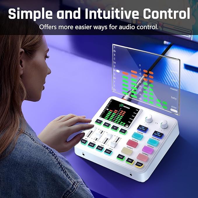 PUPGSIS qwe Gaming Audio Mixer, Audio Interface for PC/Podcast/Streaming, Sound Board with 3.5mm/XLR Mic Input, 48V Phantom Power, Voice Changer, Live Sound Card with DJ Mixer Effects(White)