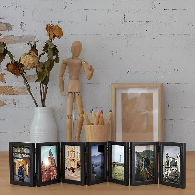 Sintuff 7 Picture Frame 4 x 6 Folding Hinged Picture Frames Foldable Photo High Definition Natural Wood Collage Mounts Rustic Desktop Acrylic Mounts for Family Wall Decor, Black