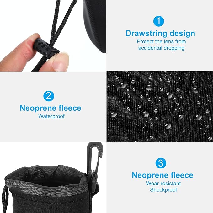 PATIKIL Camera Lens Bag, 3 Pcs 3" ID x 3.9" H Drawstring Pouch With Thick Protective Neoprene, Case for DSLR Camera Lens, Water Coffee Cups Black