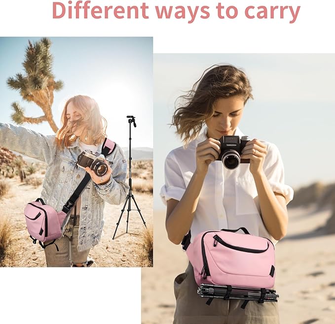 TAAOKA Camera Sling Bag,Waterproof Camera Case with Tripod Holder,Lightweight DSLR/SLR/Mirrorless Camera Bags Crossbody for photographers-Pink