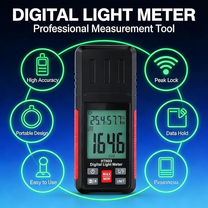 Digital Light Meter HT603, Professional Luxmeter, Wide Range Brightness Tester - Measurement, Quick Response, Ideal for Photo and Industrial Use