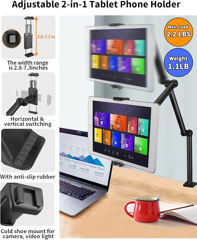 HEMMOTOP Magic Arm Desk Mount/Clamp, 28" Adjustable Camera Arm for iPad, Overhead iPhone Mount, for Yeti Snowball Microphone, Light, Webcam, Action Camera AS05