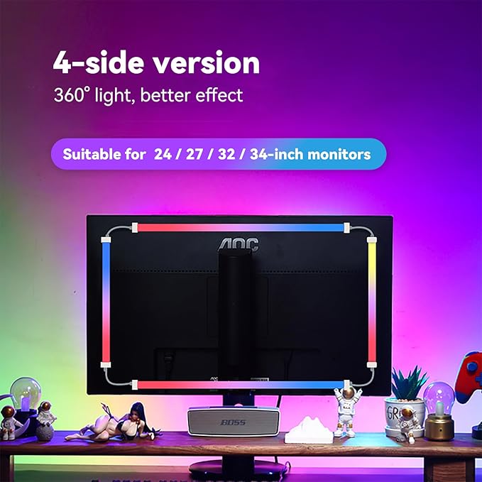 Monitor LED Backlights for PC & Mac, LED Strip Light Sync with Screen Color/Music, Computer Light Bar Behind Screen, LEDs for Desk Gaming, USB Port, Software Control, G100 (4-Side 32inch)