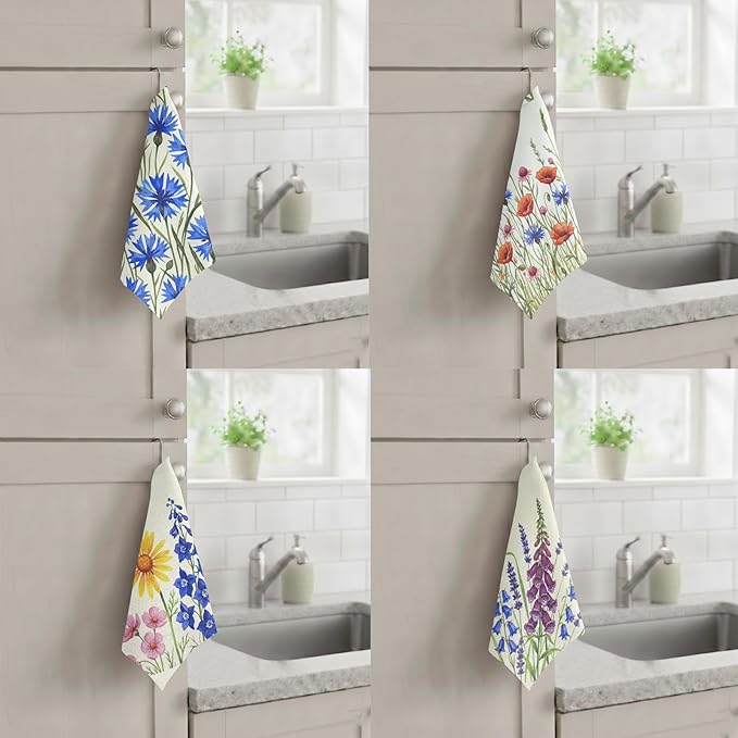8-Pack Ultra-Fine Microfiber Kitchen Towels, 7-Inch Square with 8 Clips & Multiple Patterns – Soft, Absorbent, Reusable Cleaning Cloths (Grass)