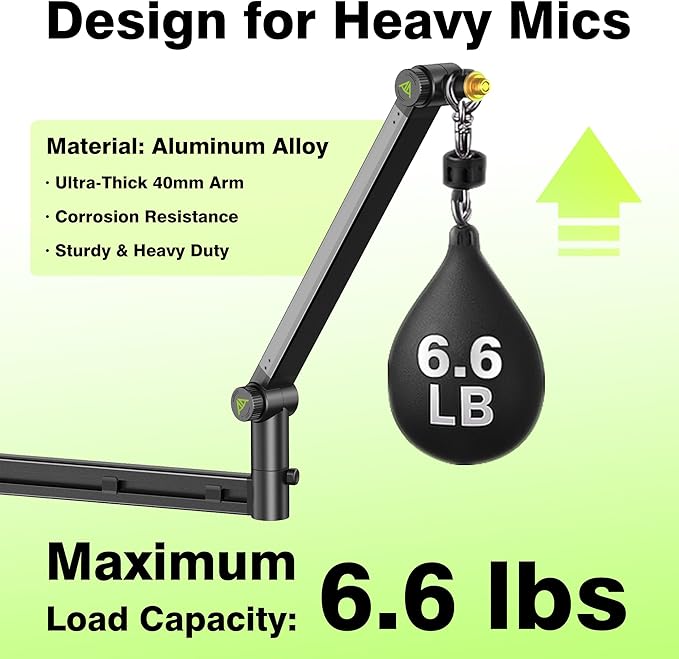 Low Profile Boom Arm (Design for Heavy Mic) 6.6lbs Load Capacity, Stable Gear Lock Structure Never Sags, Metal Microphone Stand Desk Mount for Shure SM7B MV7+, Blue Yeti,Rode PodMic