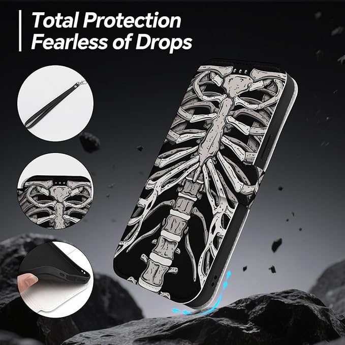 Skeleton Ribcage Bone Flip Leather Phone Case Compatible with iPhone 15/15 Plus/15 Pro/15 Pro Max