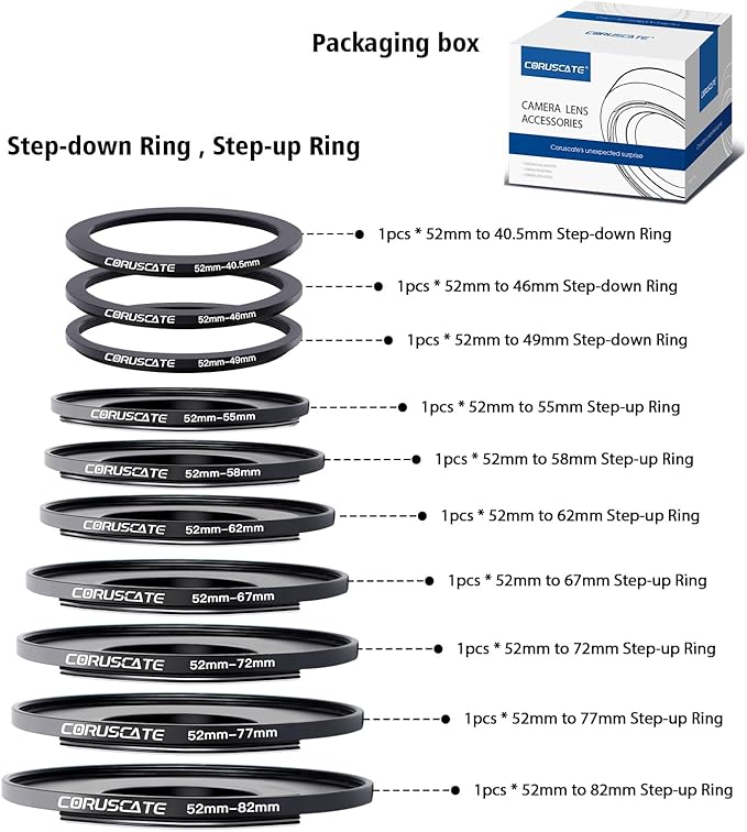 10Pcs 52mm Filter Ring Adapter Set,Metal Step-Up Ring+Step-Down Ring for All Brands UV ND CPL (52-40.5mm,52-46mm,52-49mm,52-55mm,52-58mm,52-62mm,52-67mm,52-72mm,52-77mm,52-82mm)