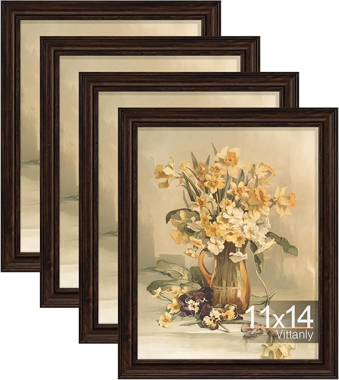 Vittanly 11x14 Picture Frame Set of 4, Vintage Photo Frame for Wall or Tabletop, Display 8x10 Pictures with Mat or 11x14 without Mat, Rustic Farmhouse Home Decor, Dark Brown