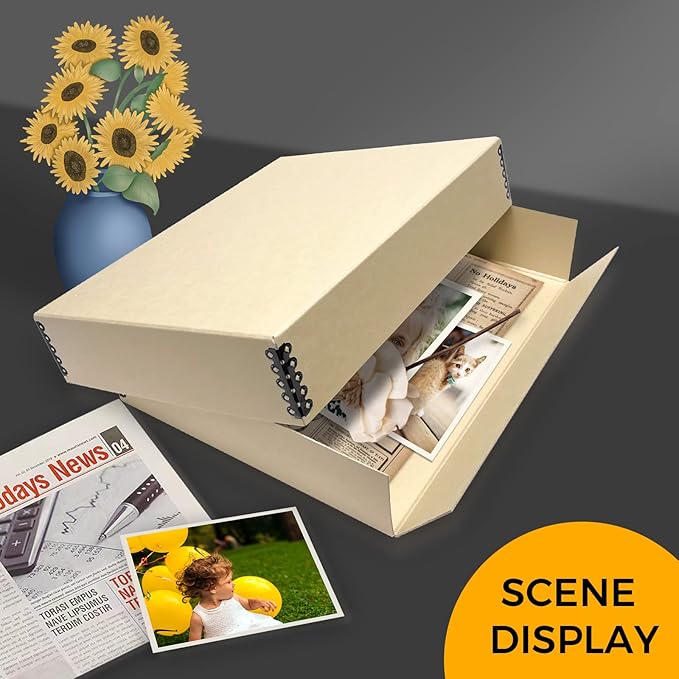 Golden State Art, Archival Storage Box, Acid-Free Drop Front Museum Box with Metal Edge for Storing Artwork Photos Documents Prints Arts and Crafts (Tan-11.75x 15.25x 3 Inches) Pack of 2