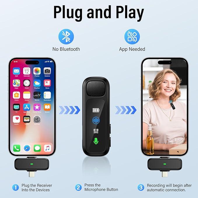 3 in 1 Wireless Lavalier Microphone for Android/Tablets/PC Intelligent Noise Cancelling with Charging Case Dual Microphones 20 H Battery Life, Mini Microphone for Video Recording Podcast-Black