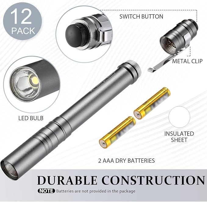 12 Pack LED Penlight Bulk, Pocket Flashlight with Clip, Aluminum Pen Flashlights Mini Pen Light for Nurses Hospital Outdoor Camping Emergency Hiking(Silver Gray)