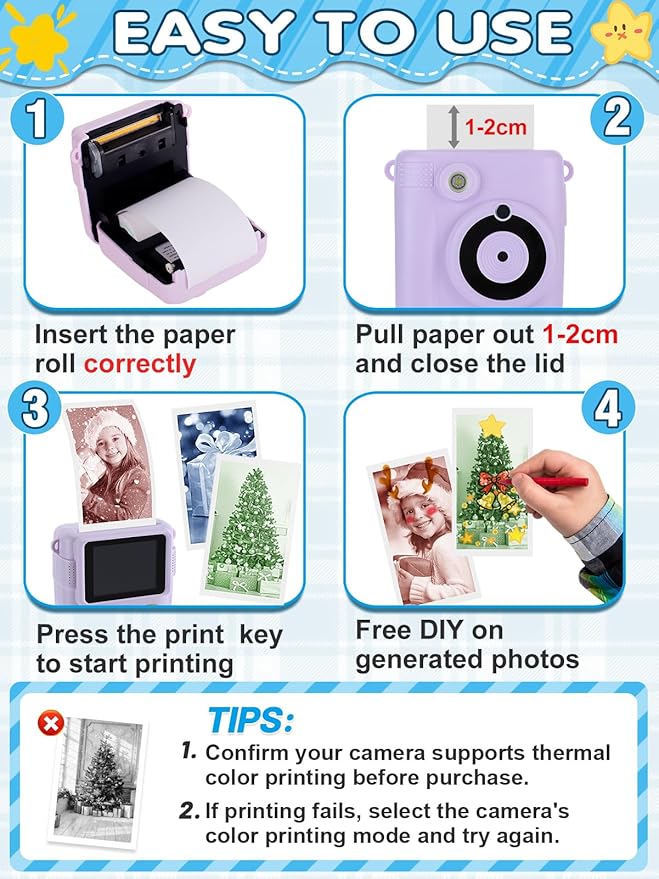 3-Color Kids Camera Paper Roll Refill - Compatible with Most Instant Print Camera, HD Photo Printer Paper for Kids Aged 4 5 6 7 8 9 10 Boys Girls Birthday Gifts (9 Rolls)