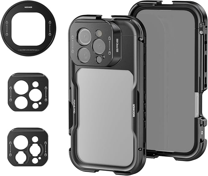 NEEWER 16 Pro Max Cage, Quick Release Video Rig Phone Stabilizer Compatible with iPhone 16 Pro Max with 67mm Filter Adapter, 17mm Lens Backplate, T Mount Lens Adapter Compatible with Moment, PA074