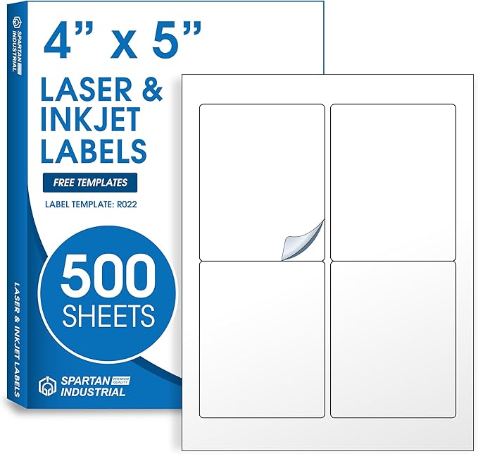 4" X 5" Matte White Printable Shipping Labels (500 Sheets, 2000 Stickers) Address and Mailing Labels for Laser & Inkjet Printers - Spartan Industrial Template R022