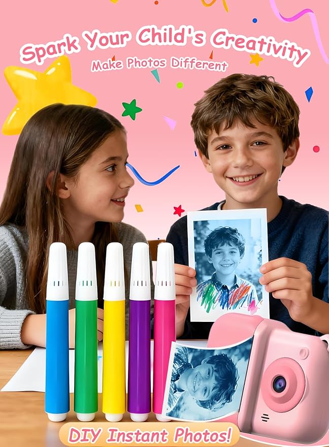 Kids Camera Instant Print, Christmas Birthday Gifts for Girl Boys 3-12 Years Old, Dual Camera HD Digital Video Cameras for Toddler 4 Rolls Print Paper & 32G Card (Pink)