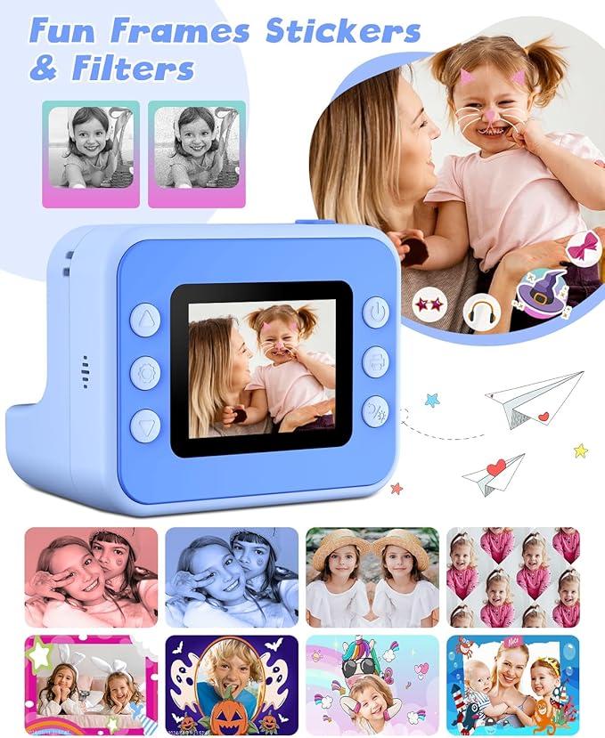 Instant Print Camera for Kids, 1080P Digital Video Cameras, Christmas Birthday Gifts Toys for Age 3-12, Toddler Camera for 4 5 6 7 8 9 10 Year Old Boys - Blue