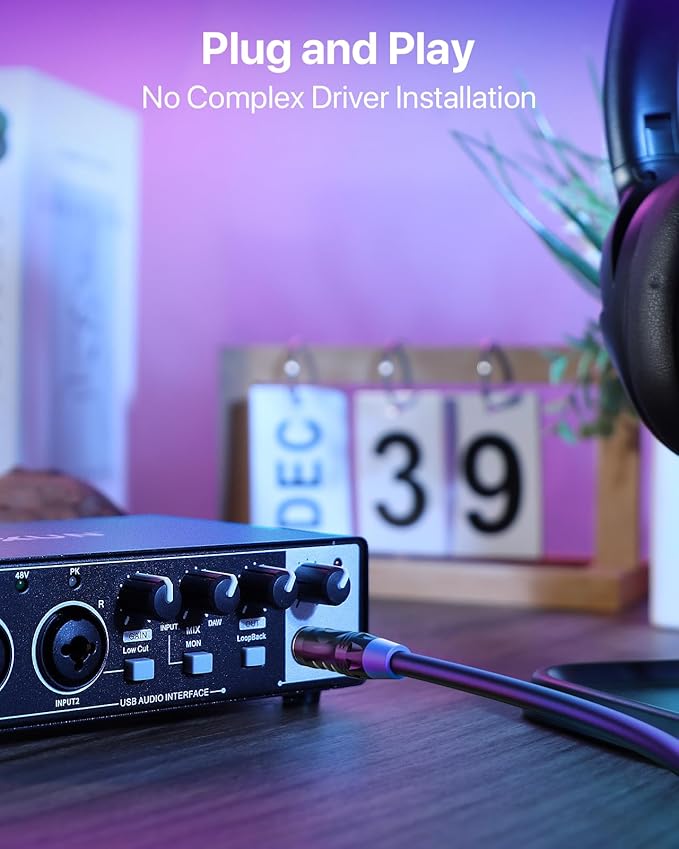 2x2 USB-C Audio Interface for PC/Mac Recording, 24-bit/192kHz, Dual TS/XLR Inputs, +48V Phantom Power, Studio/Podcast/Streaming (Matte Black)