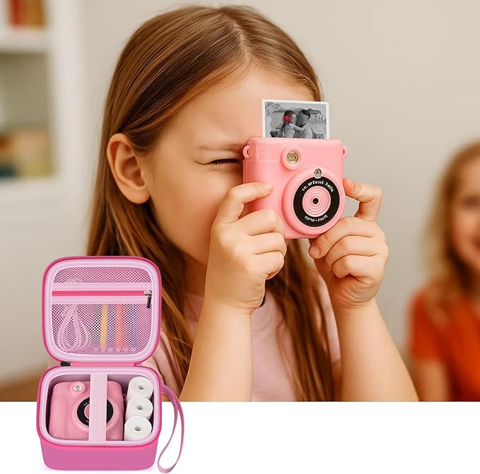 Kids Instant Print Camera Case with 3 Rolls Prints Paper Compatible with ESOXOFFORE for Dylanto for DUDUDRAGON for GKTZ for ETIKEZ for Dafotil for Careenoah Toddler Digital Cameras (Rose with Paper)