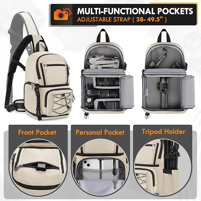 RAINSMORE Camera Bag, DSLR & Mirrorless Camera Sling Bag for Photographers Waterproof Small Camera Crossbody Case with Removable Padded Insert & Tripod Holder for Canon/Nikon/Sony/Fuji, Beige