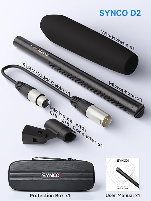 SYNCO D2 XLR Shotgun Microphone, Hypercardioid Condenser Mic for Camcorder, DSLR, Audio & Video Recording, Professional Directional Mic with XLR Output
