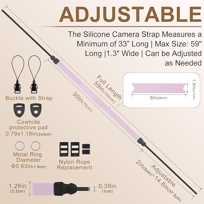 Neck Strap Silicone Camera Straps - Padded Camera Strap, 1.5" Wide Adjustable Nylon Shoulder Strap - Compatible with Canon, Nikon, Sony, and More DSLR and Mirrorless Cameras (Purple)