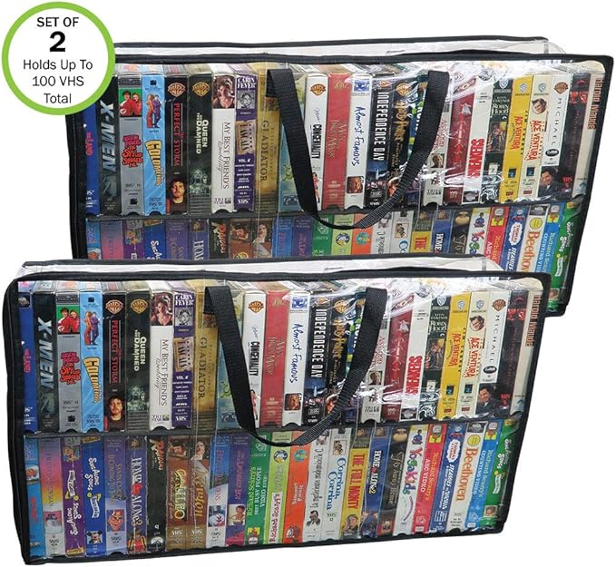 Evelots 2 Pack-VHS Movie Tape Storage Bag/Case, Clear PVC Plastic-Holds 100 Total, Strong Handles-No Dirt/Moisture/Dust
