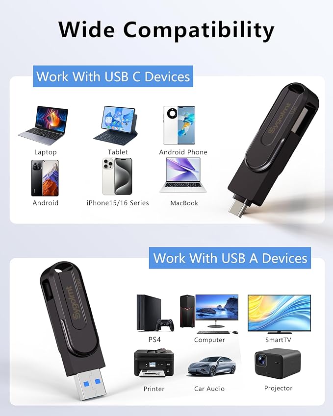 128GB USB Flash Drive, 3.0 - USB C & USB A 2-in-1 Memory Stick, Jump Drive with Keychain, Storage Photos Thumb Drives for iPhone 17/16/15, Android Phones, Laptops, Mac, iPad, Desktops, Tablet