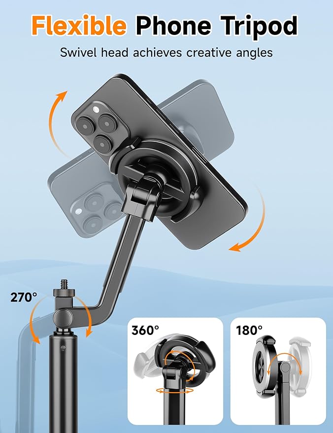 70" Magnetic Phone Tripod, Selfie Stick Tripod for iPhone Magsafe with Rechargeable Remote & 2 in 1 Magnetic Holder, Portable Cellphone Stand for Recording Travel, Compatible with iPhone and Android