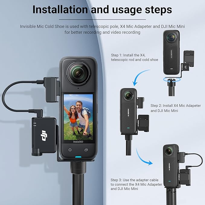 CYNOVA Insta 360 X4 DJI Mic Mini Mount, Invisible Mic Bracket for Insta360 X4 Accessories, Compatible with Insta360 X4 / X3（with 3.5mm Audio Cable）