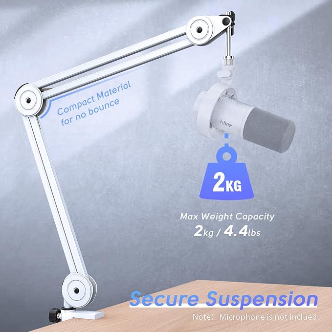 FIFINE Microphone Boom Arm Stand, Metal Heavy Duty Mic Stand, Scissor Suspension Adjustable Boom Arm for Podcast Recording Streaming Gaming, with Desk Clamp, 5/8" Screw, Cable Ties-BM63 White