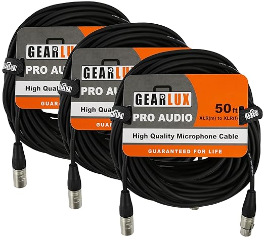 Gearlux XLR Microphone Cable, Fully Balanced, Male to Female, 50 Feet - 3 Pack