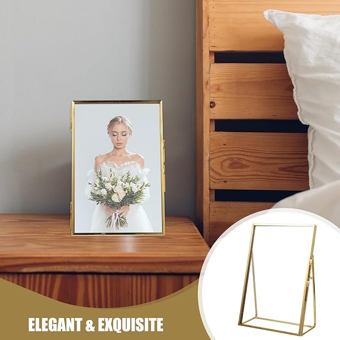 Brass Glass Picture Frame 6-inch Vintage Photo Display Stand Tabletop Holder for Pressed Flowers and Artwork Home Décor
