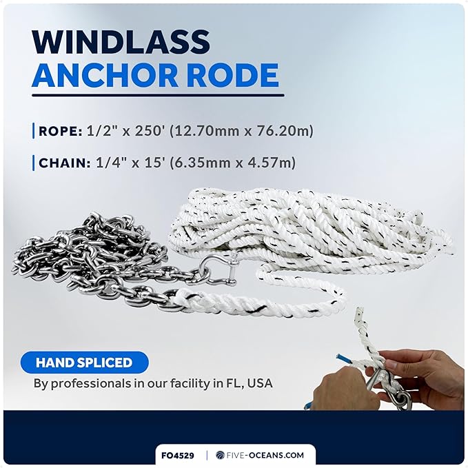 Five Oceans Windlass Anchor Rode, Hand-Spliced Anchor Rope and Chain Combination Kit, Nylon 3-Strand Rope, HT G4 Stainless Steel Chain for Boat Anchor System - Multiple Sizes