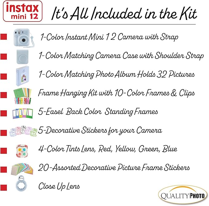 Fujifilm Instax Mini 12 Instant Camera with Case, Decoration Stickers, Frames, Photo Album and More Accessory kit (Pastel Blue)…