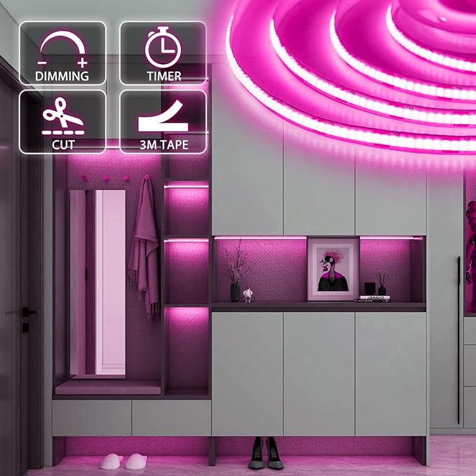 OMIKA Pink COB LED Strip Lights Battery Powered with Remote, 6.56FT 640LED Light Strip Dimmable Cuttable Flexible Wireless LED Tape Light for Gifts, Bedroom, Party, TV Backlight, DIY Decor (2 Pack)
