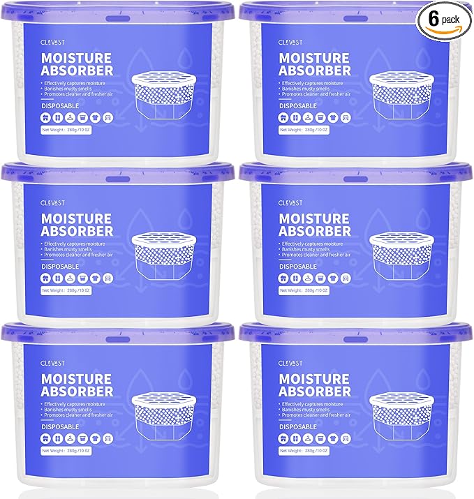 CLEVAST Moisture Absorber Boxes 6 Pack, 10 Oz Dehumidifier for Closet & Bathroom, Humidity Absorber for Wardrobe, Bedroom, RV & Car, Fragrance-Free Moisture Control, Unscented