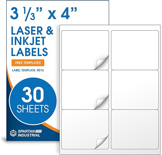 4" X 3.33" Matte White Printable Shipping Labels (30 Sheets, 180 Stickers) Address and Mailing Labels for Laser & Inkjet Printers - Spartan Industrial Template R015