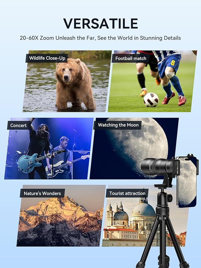 MIAO LAB 20-60X Zoom Telephoto Lens for Smartphones | High-Power Phone Lens Kit with Tripod & Universal Clip | Compatible with iPhone 17/16/15/14/13 Series, Samsung & Android Devices