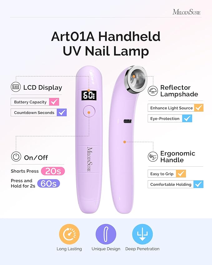 MelodySusie Ergonomic Handheld Cordless UV Nail Lamp with LCD Display & 2 Timers, P-Art01A Rechargeable Mini UV LED Light Flash Cures All Soft Gels, Especially Rhinestone Glue & Liner Gel Purple