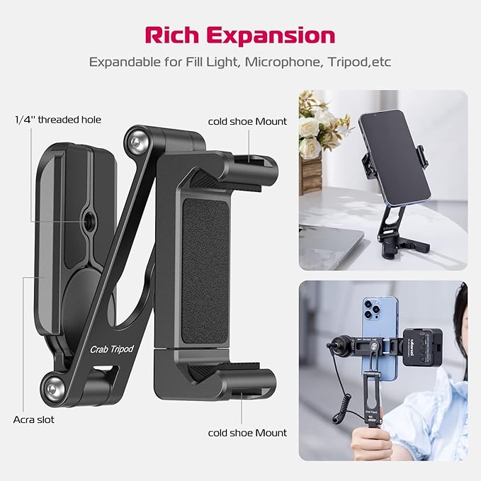 ULANZI Phone Tripod Mount 2 Cold Shoes & Arca Port, HP004 Metal 360° Smartphone Tripod Adapter for iPhone, Cell Phone Vlog Tripods Grip Stand Holder for Desktop Video Live Streaming Vlogging Rig