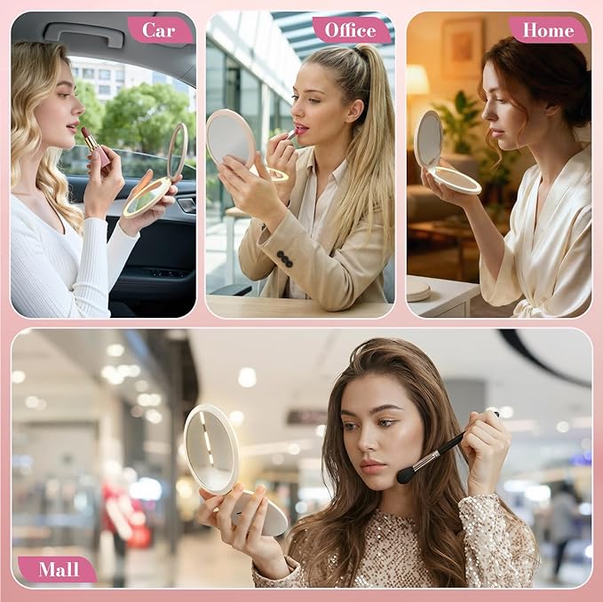 Infinity Travel Lighted Makeup Mirror, Abyss LED Compact Pocket Mirror with Light for Purse, Mini Small Light Up Mirror with 3 Color Lightling, Rechargeable, Handheld,Portable, Folding White